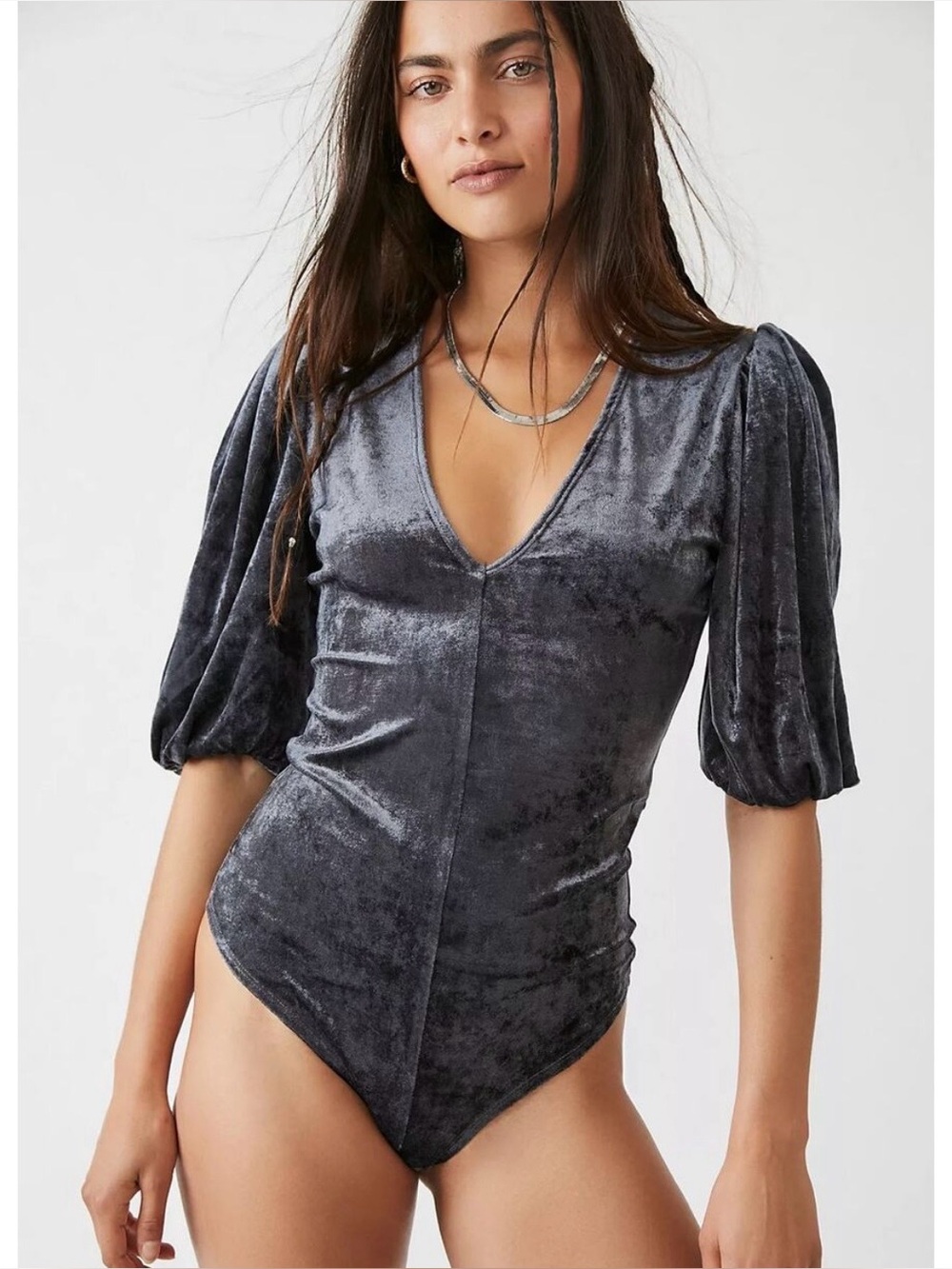 Free People Silver Gray Crushed Velvet V-Neck Bodysuit